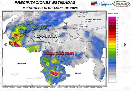 Inameh prevé lluvias de intensidad variable y descargas eléctricas para este miércoles en gran parte del país